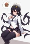  1girl black_hair black_skirt cheshirrr english_commentary filia_(skullgirls) food hamburger hand_on_own_chest highres long_hair looking_up navel open_mouth red_eyes skindentation skirt skullgirls solo thigh-highs thinking very_long_hair 