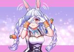  animal_ears bare_arms blue_hair braid bunny-shaped_pupils carrot_hair_ornament closed_mouth cross-laced_clothes eyebrows food_themed_hair_ornament frilled_straps gloves gradient_eyes hair_ornament heart heart_hands hikimayu hololive idol idol_clothes long_hair multicolored multicolored_eyes multicolored_hair niaro nonstop_story orange_eyes rabbit_ears rabbit_girl signature smile sweatdrop twin_braids twintails two-tone_hair usada_pekora v-shaped_eyebrows virtual_youtuber white_gloves white_hair yellow_eyes 