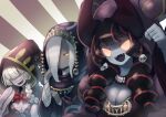 3girls :d absurdres bandages bandages_over_eyes black_hair bow bowtie breasts covered_eyes dress drill_hair fangs grey_skin hair_over_one_eye hand_up hat highres hood hood_up hooded_robe kuda_(okame_nin) large_breasts looking_at_viewer multicolored_hair multiple_girls no_mouth no_pupils okame_nin one_eye_covered open_mouth original purple_skin red_neckwear redhead robe sharp_teeth smile streaked_hair striped striped_background teeth tentacles twin_drills upper_teeth white_hair yellow_eyes 