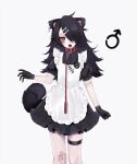  1boy animal_ears apron badtz-maru bandaid bandaid_on_knee black_dress black_hair blood bone_hair_ornament bruise collar cross dog_boy dog_ears dog_tail dress ear_piercing fangs floppy_ears frilled_apron frills gloves hair_ornament hair_over_one_eye highres injury leash long_hair maid mars_symbol messy_hair ompf open_mouth original otoko_no_ko piercing puffy_short_sleeves puffy_sleeves red_collar red_eyes short_sleeves simple_background stitches tail tongue_piercing white_background 