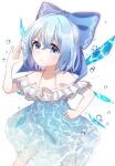  1girl alternate_costume ametama_(runarunaruta5656) arm_up bangs blue_bow blue_dress blue_eyes blue_hair bow bubble cirno dress hair_between_eyes hair_bow hand_on_hip highres ice ice_wings looking_at_viewer medium_hair off-shoulder_dress off_shoulder open_mouth short_sleeves simple_background solo standing touhou water_dress white_background wings 