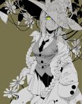  1girl black_neckwear braid collared_shirt flower funamusea green_background green_eyes hat highres horns horns_through_headwear leaf long_hair long_sleeves necktie nodoka_076 off-shoulder_coat off_shoulder plant pleated_skirt shirt skeletal_arm skirt sleeves_past_wrists slit_pupils solo spot_color torn_clothes tsuchikure_(mogeko) twin_braids vest vines witch witch_hat 