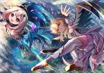  2girls anemone_noa armpits bangs bare_shoulders blonde_hair bloomers blue_eyes breasts cape city detached_sleeves dragon dress dvalin_(genshin_impact) eyebrows_visible_through_hair falling flower genshin_impact gloves hair_between_eyes hair_flower hair_ornament halo long_sleeves looking_at_viewer lumine_(genshin_impact) multiple_girls open_mouth paimon_(genshin_impact) scarf short_hair smile thigh-highs thighs underwear white_dress white_hair white_legwear wings yellow_eyes 