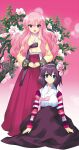  2girls flower hair_flower hair_ornament henrietta_de_tristain highres japanese_clothes looking_at_viewer louise_francoise_le_blanc_de_la_valliere multiple_girls noise_reduction official_art pink_hair pink_ribbon purple_hair ribbon scan usatsuka_eiji zero_no_tsukaima 