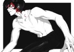  1boy absurdres bad_id bad_twitter_id blood blood_on_face clenched_teeth collarbone devilman fingernails frame fudou_akira greyscale highres male_focus misaq monochrome navel outside_border parted_lips shirtless sketch solo spot_color teeth 