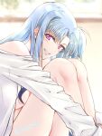  1girl absurdres bare_shoulders blue_hair blush breasts commentary_request highres large_breasts leonis_g long_hair looking_at_viewer lyrical_nanoha mahou_shoujo_lyrical_nanoha mahou_shoujo_lyrical_nanoha_a&#039;s mahou_shoujo_lyrical_nanoha_a&#039;s_portable:_the_battle_of_aces material-l naked_shirt open_clothes open_shirt shirt sitting smile solo twitter_username violet_eyes white_shirt 