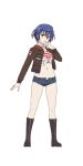  1girl amatsuka_yayoi black_footwear blue_hair blue_shorts bomber_jacket boots brown_jacket denim denim_shorts finger_to_mouth full_body fur-trimmed_jacket fur_trim highres jacket looking_at_viewer midriff navel official_art red_eyes senyoku_no_sigrdrifa shirt short_hair short_shorts shorts solo striped striped_shirt transparent_background white_shirt 