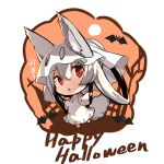  1girl :&lt; animal animal_ear_fluff animal_ears bangs barefoot bat chibi commentary_request dress ears_through_headwear eyebrows_visible_through_hair fang fox_ears fox_girl fox_tail hair_between_eyes hair_rings halloween happy_halloween highres long_hair long_sleeves looking_at_viewer original parted_lips red_eyes silver_hair solo tail translation_request triangle_mouth very_long_hair white_background white_dress wide_sleeves yuuji_(yukimimi) 