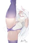  1girl absurdres animal_ears boku_no_hero_academia breasts bunny_tail covered_navel english_commentary gloves grin highres hot_vr looking_at_viewer mirko purple_legwear rabbit_ears sketch smile solo split standing standing_on_one_leg standing_split tail teeth thigh-highs thighs violet_eyes white_gloves white_hair 