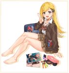  1girl :3 :d arm_support bag bangs bare_legs barefoot blonde_hair blue_bag blurry blush bow bowtie breasts brown_hair brown_nails brown_neckwear brown_skirt choker collarbone ear_piercing earrings eyebrows_visible_through_hair feet from_side fujimoto_rina grey_eyes hand_up heart high-waist_skirt highres idolmaster idolmaster_cinderella_girls idolmaster_cinderella_girls_starlight_stage jewelry lipstick_tube long_hair long_sleeves looking_at_viewer magazine multicolored_hair nail_polish necklace open_mouth piercing plaid plaid_skirt pleated_skirt polka_dot polka_dot_bow red_bow ring sexy_gals_(idolmaster) shirt sirurabbit sitting skirt small_breasts smile solo thighs two-tone_hair w white_shirt 