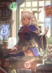  1girl ahoge bangs blue_legwear blunt_bangs bodysuit book capelet fantasy floating ghost highres horns ink_bottle janoukyo19 levitation long_hair original outdoors quill red_eyes shelf smile table thigh-highs white_hair wide_sleeves window 