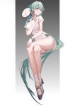  1girl blue_eyes blue_hair breasts chinese_clothes fan hand_on_own_knee hatsune_miku holding holding_fan looking_at_viewer medium_breasts shaohua_hatsune_miku sitting solo vocaloid xu_jeff 