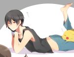  1boy bangs bare_arms barefoot black_hair black_tank_top closed_mouth collarbone commentary_request fingerless_gloves gen_1_pokemon gloves hair_between_eyes light_smile lying miyamotokannn on_stomach pants pikachu pixiv_red pokemon pokemon_(creature) red_eyes short_hair sleeping soles tank_top toes translation_request zzz 