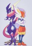  absurdres cinderace crossed_arms fur gen_6_pokemon gen_8_pokemon greninja highres looking_at_viewer no_humans pink_eyes pokemon pokemon_(creature) red_eyes saiku_(zvlku) standing toes tongue_scarf 