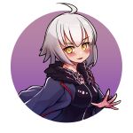  1girl :3 ahoge bangs black_jacket blush breasts commentary commission english_commentary eyebrows_visible_through_hair fate/grand_order fate_(series) fleur_de_lis fur_trim grey_hair hair_between_eyes jacket jeanne_d&#039;arc_(fate)_(all) jewelry long_sleeves looking_at_viewer necklace parted_lips purple_background short_hair silver_hair smile solo symbol_commentary umenodo upper_body yellow_eyes 