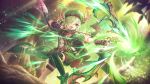  1girl aoi_(princess_connect!) arrow_(projectile) bow_(weapon) elf feathers green_beret green_eyes green_hair hair_over_one_eye medium_hair official_art pointy_ears princess_connect! tree weapon 