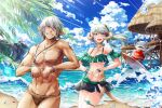  1boy 1girl aqua_hair au_ra bangle bangs bare_shoulders beach bell bikini bikini_skirt black_eyes blue_eyes blue_sky blush bow bracelet breasts brown_swimsuit clenched_hands clouds cluseller collarbone commentary_request cowboy_shot dark_skin dark_skinned_male day dragon_girl elezen elf eye_contact eyebrows_visible_through_hair fangs final_fantasy final_fantasy_xiv flower green_bikini green_bow green_flower green_rose grey_hair grin hair_tie half-closed_eyes happy haurchefant_greystone horizon horns hut jaguar_print jewelry jingle_bell lens_flare light_rays lizard_tail long_hair looking_at_another looking_back male_swimwear multicolored_hair namazu_(final_fantasy) navel necklace ocean open_mouth outdoors pink_hair pointy_ears ponytail rose sand scales short_hair skindentation sky small_breasts smile sparkle standing stomach streaked_hair sunlight surfboard swept_bangs swim_briefs swimsuit swimwear tail teeth thatched_roof thigh_strap tied_hair tree water waves 