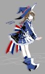  1girl anchor ankle_boots back_bow bangs blue_sailor_collar blue_skirt blunt_bangs boots bow braid bright_pupils brown_hair dress frilled_skirt frills grey_eyes hat hat_bow io_(sinking=carousel) leaning_forward long_hair long_sleeves multicolored_bow neckerchief oounabara_to_wadanohara pleated_skirt pointy_ears sailor_collar sailor_dress skirt sleeves_past_wrists smile solo twin_braids wadanohara witch_hat 