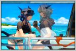  2girls arknights bangs bare_arms bare_shoulders baseball_cap beach bikini black_bikini blue_hair blue_sky breasts can ch&#039;en_(arknights) chinese_commentary clouds commentary_request cowboy_shot day dragon_horns dragon_tail drink fingalphoneix from_side grey_hoodie grey_shorts hat highres holding holding_can hood hoodie horns horns_through_headwear looking_at_another multiple_girls ocean open_fly outdoors parted_lips profile railing red_eyes short_shorts shorts siblings sidelocks silver_hair sisters sky sleeveless sleeveless_hoodie small_breasts standing stomach swimsuit tail talulah_(arknights) thighs water waves 