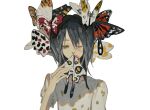  1girl bangs black_hair blood bug butterfly eating hand_up insect liriiiiiiii long_hair nosebleed one_eye_closed original simple_background solo upper_body white_background yellow_eyes 