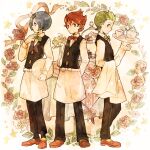  3boys apron arms_behind_back bangs black_vest blue_hair brothers chili_(pokemon) cilan_(pokemon) clenched_hand closed_mouth collared_shirt commentary_request cress_(pokemon) cup flower green_eyes green_hair hand_up holding holding_tray long_sleeves looking_at_viewer male_focus multiple_boys pants pokemon pokemon_(game) pokemon_bw red_eyes redhead saucer shirt short_hair siblings smile table teacup teapot tray vase vest waist_apron white_shirt y0110y 