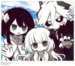  1boy 1girl 1other :d androgynous artist_name black_hair black_nails black_neckwear black_sclera blush child cloak clouds cloudy_sky commission demon_boy etihw eyes_visible_through_hair family father_and_daughter funamusea fur_collar grey_eyes grey_nails haiiro_teien hair_between_eyes head_tilt horns kcalb long_hair long_sleeves mogeko_(okegom) mother_and_daughter necktie no_mouth open_mouth pale_skin parent_and_child photo_(object) short_hair short_hair_with_long_locks sidelocks silhouette_(mogeko) skeb_commission sky slit_pupils smile sweat white_eyes white_hair 