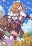  1girl bag bell_tower belt boots brown_footwear brown_gloves brown_hair brown_shorts clouds day feet_out_of_frame flower gloves green_eyes janoukyo19 looking_back medium_hair midriff original outdoors petals red_belt short_sleeves shorts sky solo thigh-highs white_legwear 