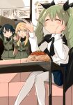  3girls :t anchovy_(girls_und_panzer) anzio_military_uniform anzio_school_uniform arms_behind_head arms_up bangs barashiya belt black_belt black_cape black_hair black_neckwear black_ribbon black_shirt black_skirt blonde_hair blurry blurry_foreground braid brown_eyes cape carpaccio_(girls_und_panzer) chair closed_mouth commentary depth_of_field dress_shirt drill_hair eating eyebrows_visible_through_hair food fork girls_und_panzer green_eyes green_hair grey_jacket grey_skirt hair_ribbon hand_on_own_face highres holding holding_fork index_finger_raised indoors jacket light_frown long_hair long_sleeves looking_at_another looking_to_the_side military military_uniform miniskirt multiple_girls necktie pantyhose pasta pepperoni_(girls_und_panzer) plate pleated_skirt ribbon school_uniform shirt short_hair side_braid sitting skirt smile spaghetti standing table translation_request twin_drills twintails uniform white_legwear white_shirt wing_collar 