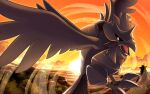  black_sclera commentary_request corviknight feathered_wings gen_8_pokemon hakuginnosora highres no_humans open_mouth outdoors pokemon pokemon_(creature) red_eyes sun sunset talons tongue twilight wind wings 