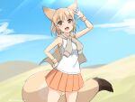  1girl :d absurdres animal_ears arm_up bare_arms blonde_hair blue_sky brown_eyes clouds cowboy_shot day desert extra_ears fox_ears fox_girl fox_tail hand_on_hip highres jacket jacket_on_shoulders kemono_friends large_tail looking_at_viewer open_mouth orange_skirt outdoors pale_fox_(kemono_friends) pleated_skirt shiraha_maru shirt short_hair skirt sky sleeveless sleeveless_shirt smile solo sunlight tail tied_jacket twitter_username wristband 