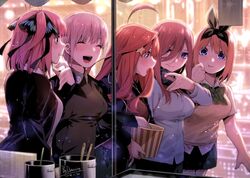  5girls ahoge arm_up bangs beige_vest black_hairband black_jacket black_ribbon black_skirt blue_cardigan blue_eyes blunt_bangs blush bow bowtie breasts brown_hair buttons cardigan clenched_hand closed_eyes collar collared_shirt colorized earrings feeding food from_side go-toubun_no_hanayome green_neckwear hair_between_eyes hair_ribbon hairband haruba_negi headphones headphones_around_neck highres holding holding_food jacket jewelry laughing lips long_bangs long_hair long_sleeves looking_at_another multiple_girls nakano_ichika nakano_itsuki nakano_miku nakano_nino nakano_yotsuba open_clothes open_mouth orange_hair parted_lips pink_hair popcorn redhead ribbon shirt short_hair short_sleeves siblings sidelocks sisters skirt smile two_side_up upper_body walking white_shirt 