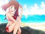  1girl bangs barefoot blue_eyes blush bow bow_swimsuit brown_hair clouds commentary_request day eyebrows_visible_through_hair eyelashes looking_at_viewer may_(pokemon) midriff navel official_style open_mouth outdoors pink_swimsuit pokemon pokemon_(anime) pokemon_rse_(anime) red_bow shore sitting sky smile solo sparkle swimsuit tongue water y@mato 