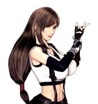  1girl adjusting_clothes adjusting_gloves bangs breasts brown_hair crop_top dontae elbow_gloves final_fantasy final_fantasy_vii fingerless_gloves fingernails gloves highres large_breasts long_hair low-tied_long_hair materia parted_lips red_eyes shirt sleeveless sleeveless_shirt solo suspenders tifa_lockhart upper_body white_shirt 