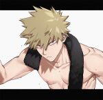  1boy bakugou_katsuki bangs blonde_hair boku_no_hero_academia commentary_request letterboxed looking_at_viewer male_focus multiple_boys nipples pectorals quwo red_eyes serious short_hair simple_background solo spiky_hair sweat towel towel_around_neck white_background 