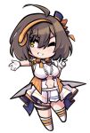  1girl ahoge arm_strap azur_lane baltimore_(azur_lane) baltimore_(muse)_(azur_lane) bangs boots bow braid breasts brown_hair center_frills center_opening chibi clothing_cutout commentary_request eyebrows_visible_through_hair french_braid frills full_body gloves grin hair_between_eyes hat headset idol knee_boots large_breasts looking_to_the_side mini_hat navel navel_cutout official_alternate_costume one_eye_closed orange_bow outstretched_arm pleated_skirt shirt short_hair sidelocks simple_background skirt sleeveless sleeveless_shirt smile solo standing sugoidere thigh_strap under_boob v white_background white_footwear white_gloves white_shirt white_skirt yellow_eyes 