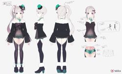  1girl artist_name bare_shoulders black_footwear black_jacket black_legwear camisole character_sheet choker cropped_arms cropped_legs denim denim_shorts frills full_body fur_trim green_hair green_shorts hat high_heels highlights highres ice_noyuri ice_noyuri_channel iriam jacket long_hair long_sleeves mini_hat mirei_works multicolored_hair multiple_views open_clothes open_jacket shoes short_shorts shorts side_ponytail silver_hair thigh-highs two-tone_hair 