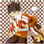  1boy 1girl black_hair blush brown_hair brown_pants checkered checkered_background closed_eyes commentary_request dknj double_bun embarrassed happy hugh_(pokemon) jacket long_hair open_mouth pants pokemon pokemon_(game) pokemon_bw2 rosa_(pokemon) shirt sidelocks sleeves_past_elbows smile tongue visor_cap zipper_pull_tab 