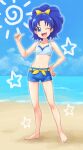  1girl ;d barefoot beach bikini bikini_top blue_bikini blue_eyes blue_hair blue_shorts bow breasts chocokin collarbone day fang full_body hair_bow hand_on_hip high_ponytail highres kirakira_precure_a_la_mode long_hair looking_at_viewer navel ocean one_eye_closed open_mouth outdoors precure shiny shiny_hair short_shorts shorts small_breasts smile solo standing summer swimsuit tategami_aoi thumbs_up yellow_bow 