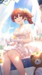  1girl :d bare_legs breasts brown_hair choker curtains day dress earrings feet_out_of_frame flower girl_cafe_gun gloves hair_flower hair_ornament highres irene_white_(girl_cafe_gun) iritoa jewelry long_hair looking_at_viewer medium_breasts official_art open_mouth red_eyes see-through short_dress short_sleeves side_ponytail sitting smile solo stuffed_animal stuffed_toy sunlight teddy_bear white_dress white_gloves 