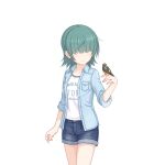  1girl aoi_(princess_connect!) aoi_(real)_(princess_connect!) bird bird_on_hand blue_jacket green_hair jacket medium_hair official_art princess_connect! short_shorts shorts tachi-e transparent_background 