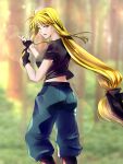  1girl ass black_bow black_gloves black_shirt blonde_hair blue_pants blurry blurry_background boots bow breasts commentary_request fate_testarossa fingerless_gloves forest gloves hair_bow highres large_breasts leonis_g long_hair looking_at_viewer looking_back low-tied_long_hair lyrical_nanoha mahou_shoujo_lyrical_nanoha_strikers midriff nature pants red_eyes shirt short_sleeves solo twitter_username very_long_hair 