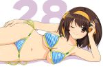  1girl bare_arms bare_shoulders bikini breasts brown_eyes brown_hair commentary_request hair_ribbon hairband haruhisky lying medium_breasts medium_hair on_side one_eye_closed ribbon smile solo striped striped_bikini suzumiya_haruhi suzumiya_haruhi_no_yuuutsu swimsuit yellow_hairband yellow_ribbon 