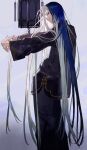 1boy blue_hair chinese_clothes closed_mouth fate/grand_order fate_(series) fingernails itefu long_fingernails long_hair looking_back male_focus multicolored multicolored_hair qin_shi_huang red_eyes sharp_fingernails solo standing stretch very_long_hair white_hair 