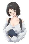  1girl alternate_costume bare_shoulders black_hair breasts collarbone glasses green-framed_eyewear grey_eyes head_tilt highres holding_wallet kamikitayotsuba kantai_collection kirishima_(kantai_collection) large_breasts long_sleeves looking_at_viewer short_hair simple_background smile solo suspenders sweater twitter_username upper_body wallet white_background white_sweater 