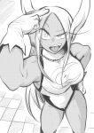  1girl animal_ears bangs boku_no_hero_academia breasts dark_skin eyebrows_visible_through_hair greyscale highres long_hair looking_at_viewer mirko monochrome muscle muscular_female nstime23 parted_bangs rabbit_ears standing thighs tongue tongue_out very_long_hair white_hair 