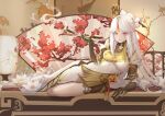  1girl absurdres bangs bare_shoulders black_gloves breasts china_dress chinese_clothes detached_sleeves dress elbow_gloves flower genshin_impact gloves hair_ornament hairpin highres lantern large_breasts long_hair looking_at_viewer lying ningguang on_side painting_(object) pipe red_eyes rib_(pixiv33056127) sidelocks silver_hair smile smoke solo thighs very_long_hair vision_(genshin_impact) white_hair 