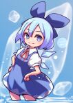  1girl blue_background blue_bow blue_dress blue_eyes blue_hair bow cirno commentary dated dated_commentary disconnected_mouth dress eyebrows_visible_through_hair hair_between_eyes hair_bow hands_on_hips ice ice_wings looking_at_viewer neck_ribbon pinafore_dress puffy_short_sleeves puffy_sleeves red_ribbon ribbon shirt short_hair short_sleeves smile solo striped touhou umenodo white_shirt wings 