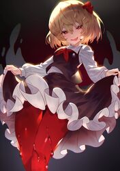  1girl :p ascot black_skirt blonde_hair hair_ribbon highres lifted_by_self long_sleeves looking_at_viewer red_eyes red_legwear red_neckwear red_ribbon ribbon rumia short_hair skirt skirt_lift smile solo standing thighs tongue tongue_out touhou uu_uu_zan 