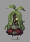  1girl :d absurdres black_skin bow cape grey_background hair_leaf highres long_hair midi_(okame_nin) monster_girl no_pupils okame_nin open_mouth original plant_girl red_bow red_cape simple_background smile solo standing yellow_eyes 