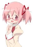  1girl :d bespectacled clenched_hands dot_nose eyebrows_visible_through_hair flat_chest glasses hair_between_eyes hair_ribbon hands_up happy high_collar highres jewelry juliet_sleeves kaname_madoka light_blush long_sleeves looking_at_viewer mahou_shoujo_madoka_magica mitakihara_school_uniform neck_ribbon open_mouth own_hands_together pink_eyes pink_hair puffy_sleeves red-framed_eyewear red_ribbon ribbon ring school_uniform semi-rimless_eyewear shaded_face shiny shiny_hair short_twintails sidelocks simple_background smile solo tsubaki_(tatajd) twintails under-rim_eyewear uniform upper_body white_background 